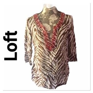 LOFT Brown Animal Print Beaded 3/4 sleeve Blouse small